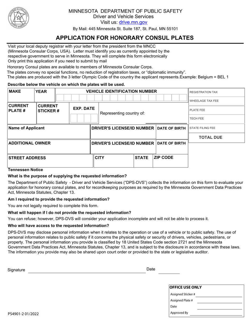 Form PS4901 Application for Honorary Consul Plates - Minnesota, Page 1