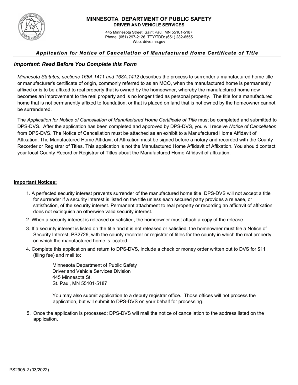 Form PS2905-2 Application for Notice of Cancellation of Manufactured Home Certificate of Title - Minnesota, Page 1