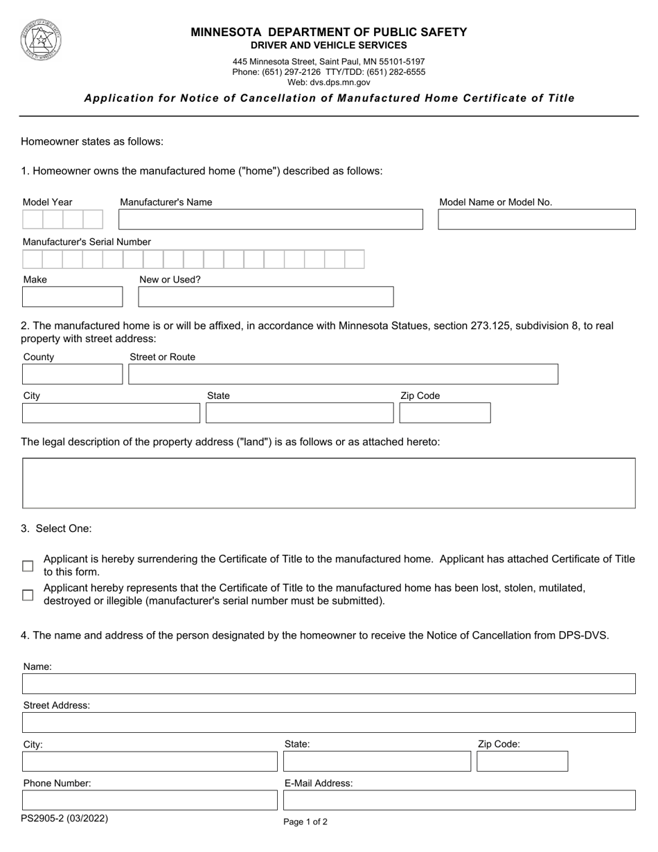 Form PS2905-2 Application for Notice of Cancellation of Manufactured Home Certificate of Title - Minnesota, Page 3