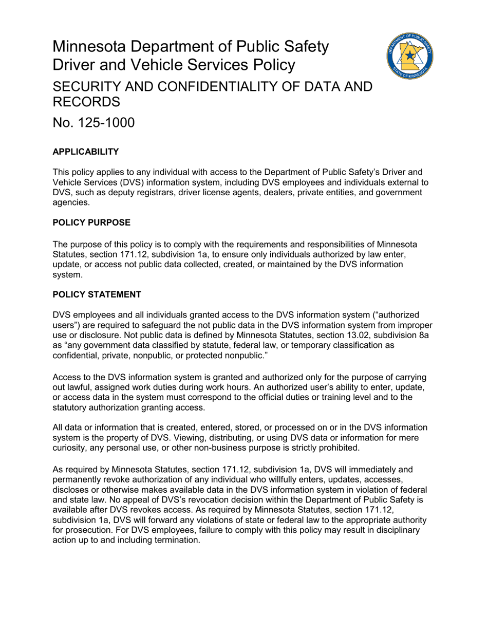 Security and Confidentiality of Data and Records Access Attestation - Minnesota, Page 1