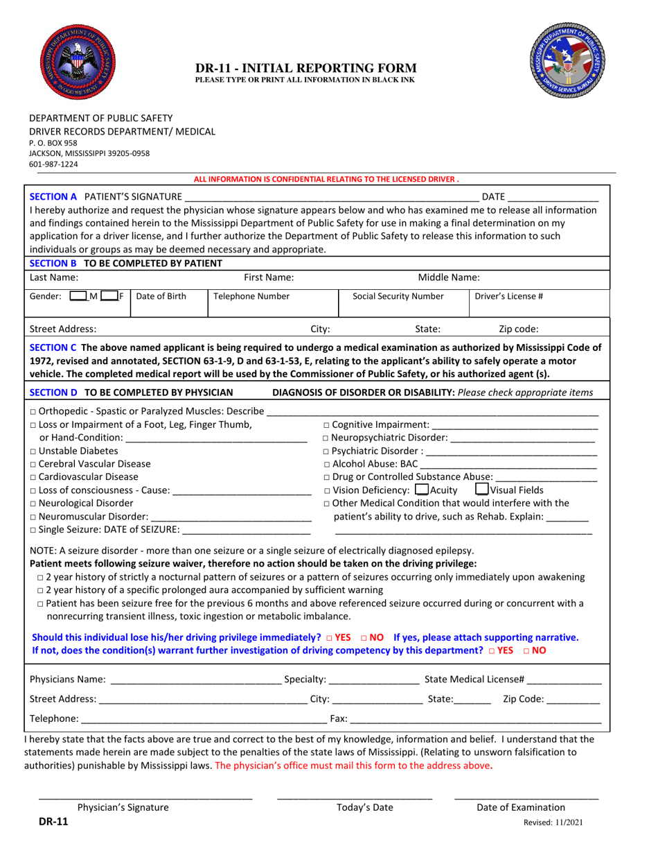 Form DR-11 Initial Reporting Form - Mississippi, Page 1