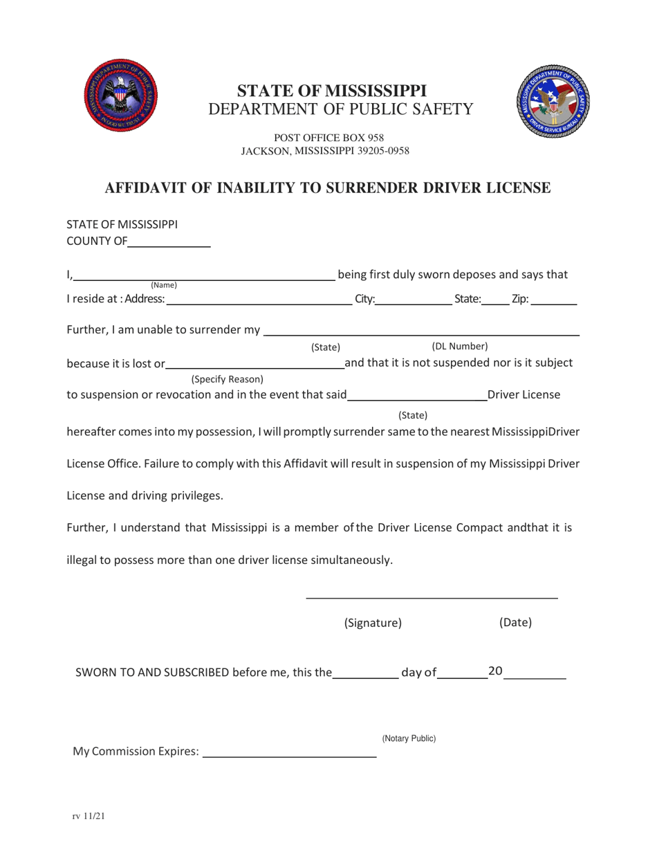 Affidavit of Inability to Surrender Driver License - Mississippi, Page 1