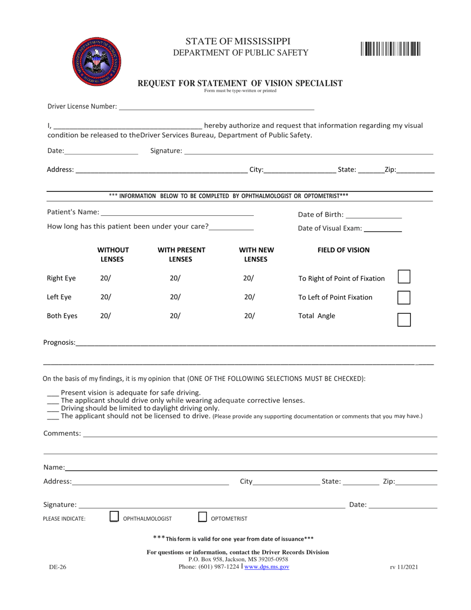 Form DE-26 Request for Statement of Vision Specialist - Mississippi, Page 1