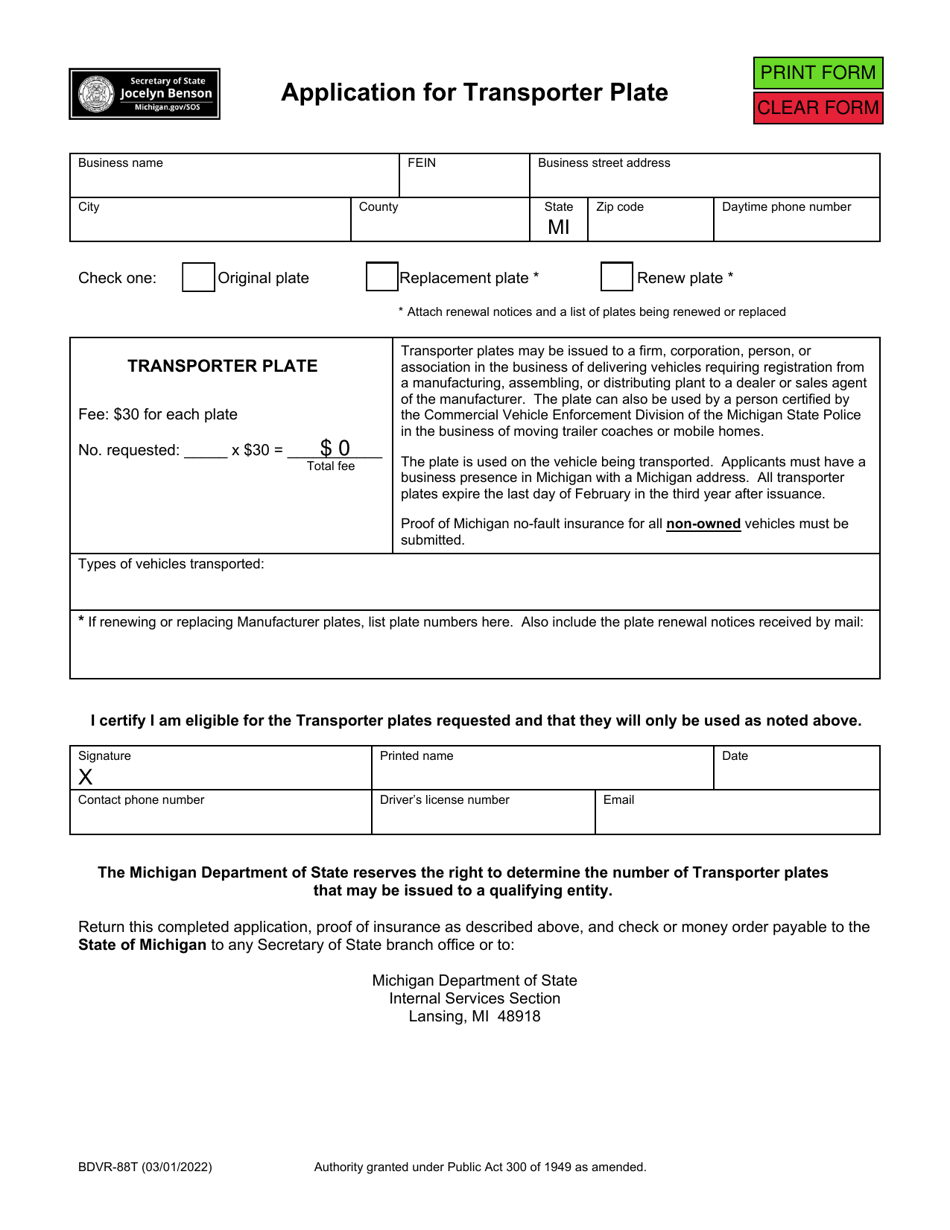 Form BDVR-88T Application for Transporter Plate - Michigan, Page 1