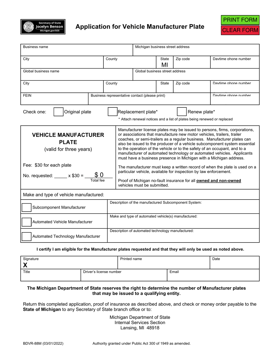 Form BDVR-88M Application for Vehicle Manufacturer Plate - Michigan, Page 1