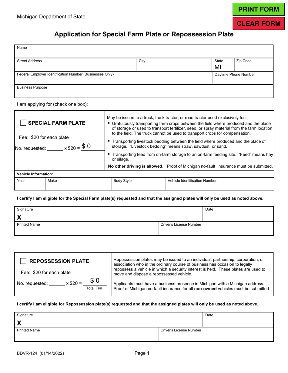 Form BDVR-124 Application for Repossession, in-Transit Repair, or Special Farm Plate - Michigan, Page 1