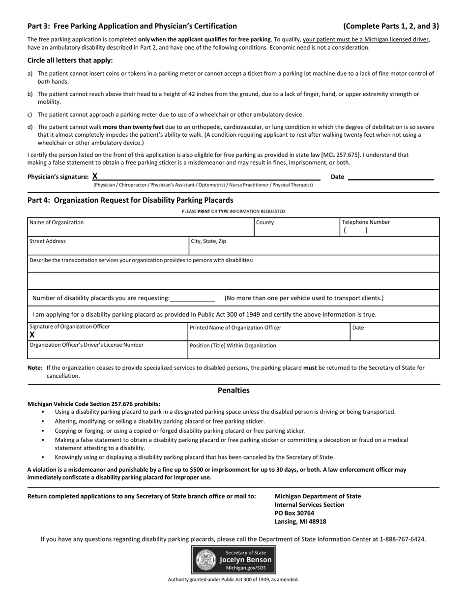 Form BFS-108 Disability Parking Placard Application - Michigan, Page 2