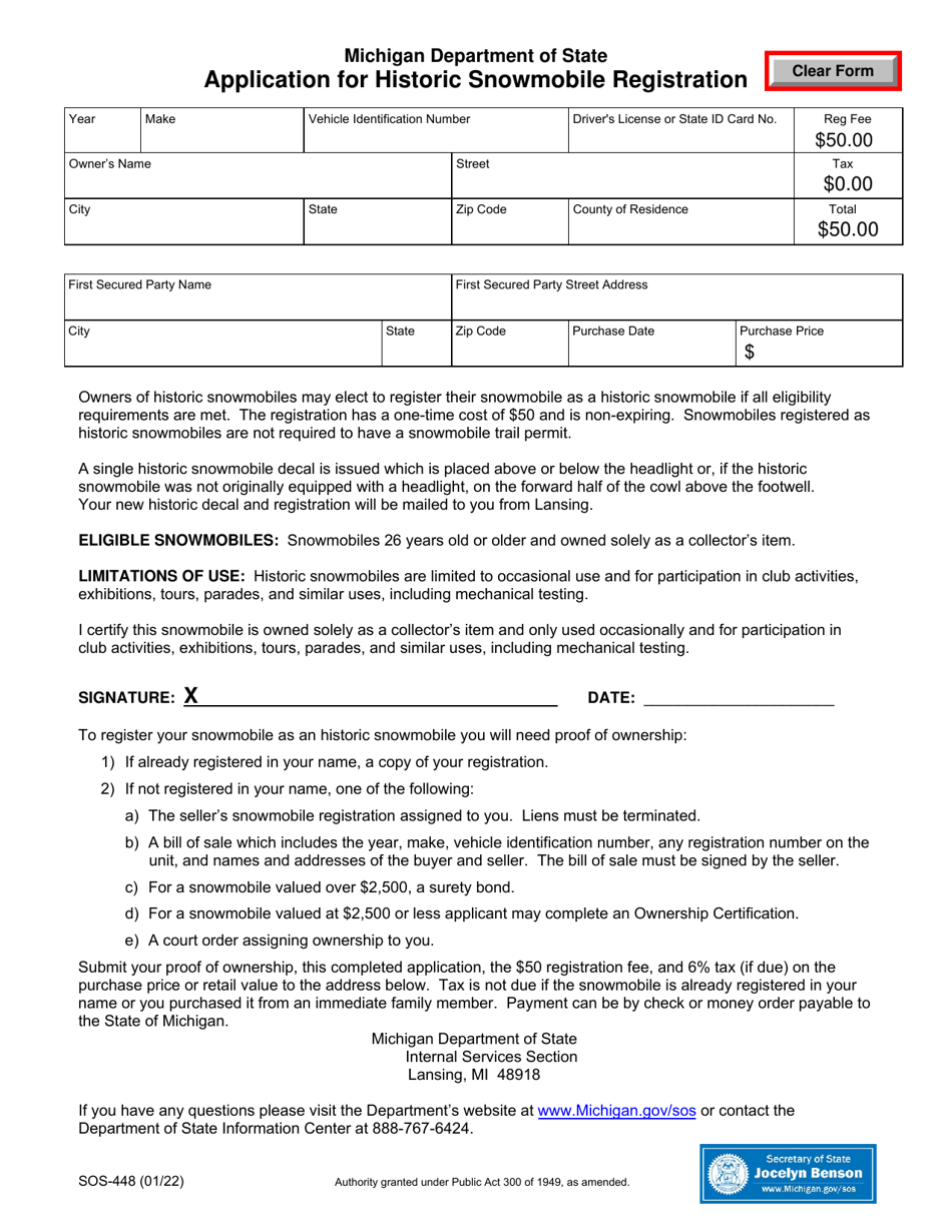 Form SOS-448 Application for Historic Snowmobile Registration - Michigan, Page 1
