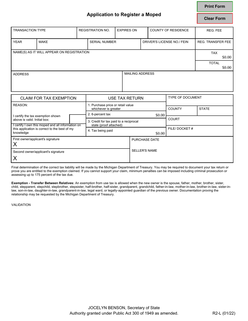 Form R2-L Application to Register a Moped - Michigan, Page 1