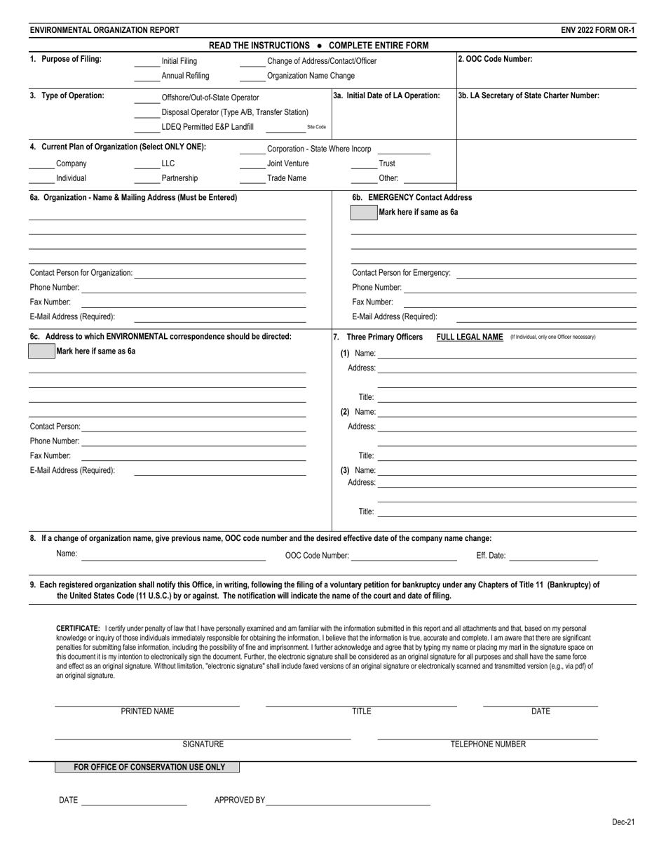 ENV Form OR-1 Environmental Organization Report - Louisiana, Page 1