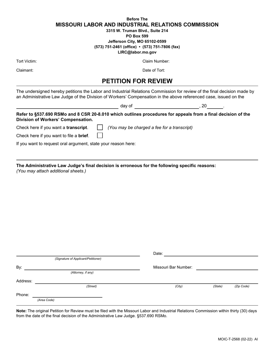 Form MOIC-T-2568 Petition for Review - Missouri, Page 1