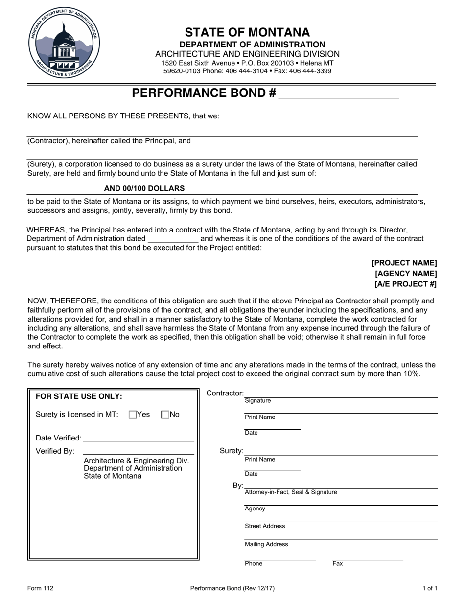 Form 112 Performance Bond - Montana, Page 1