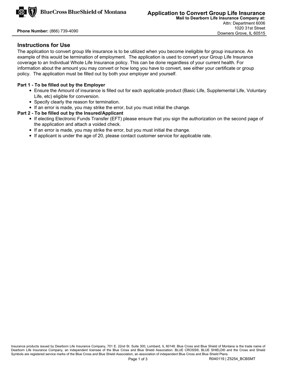 Application to Convert Group Life Insurance - Montana, Page 1