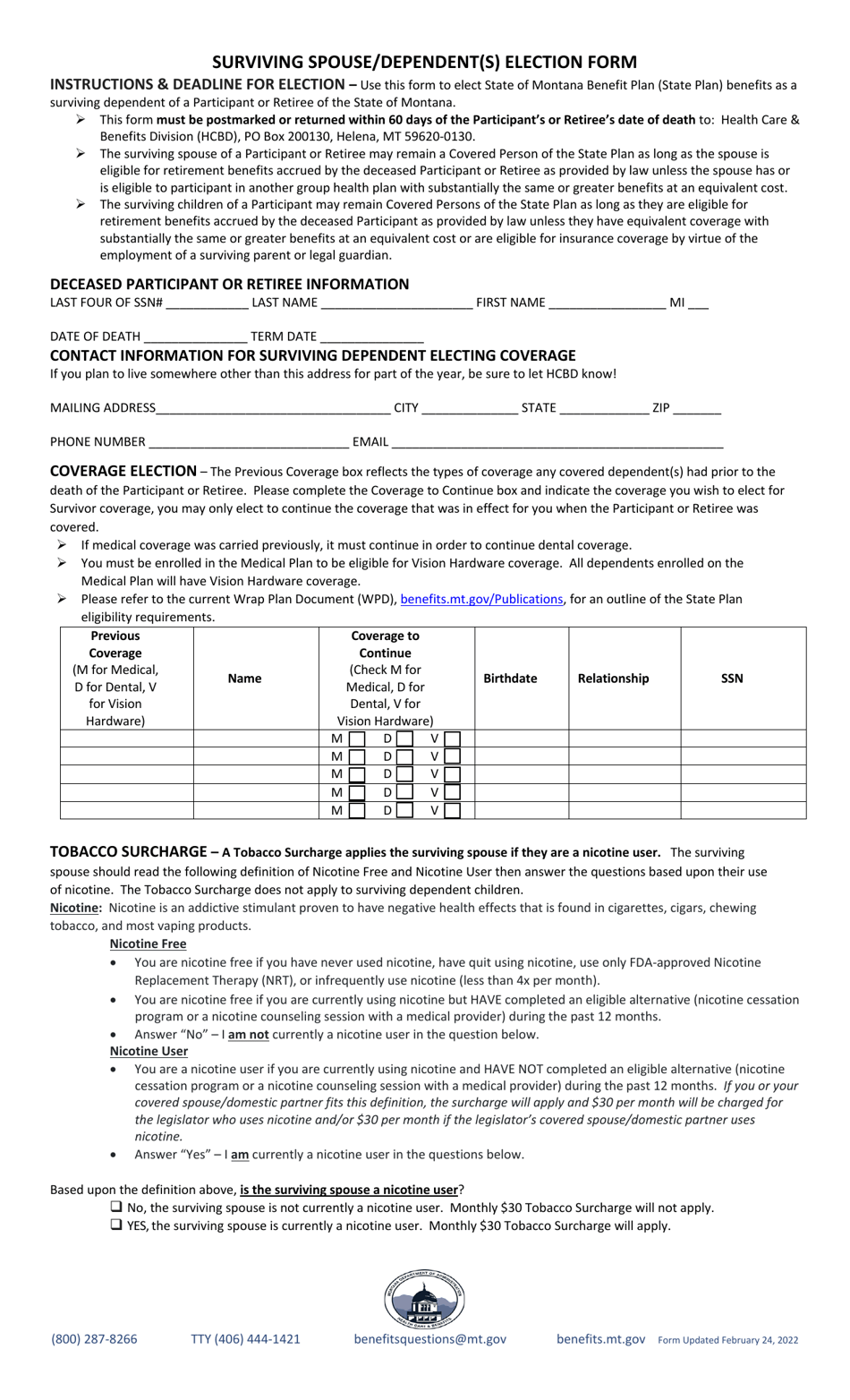 Surviving Spouse / Dependent(s) Election Form - Montana, Page 1