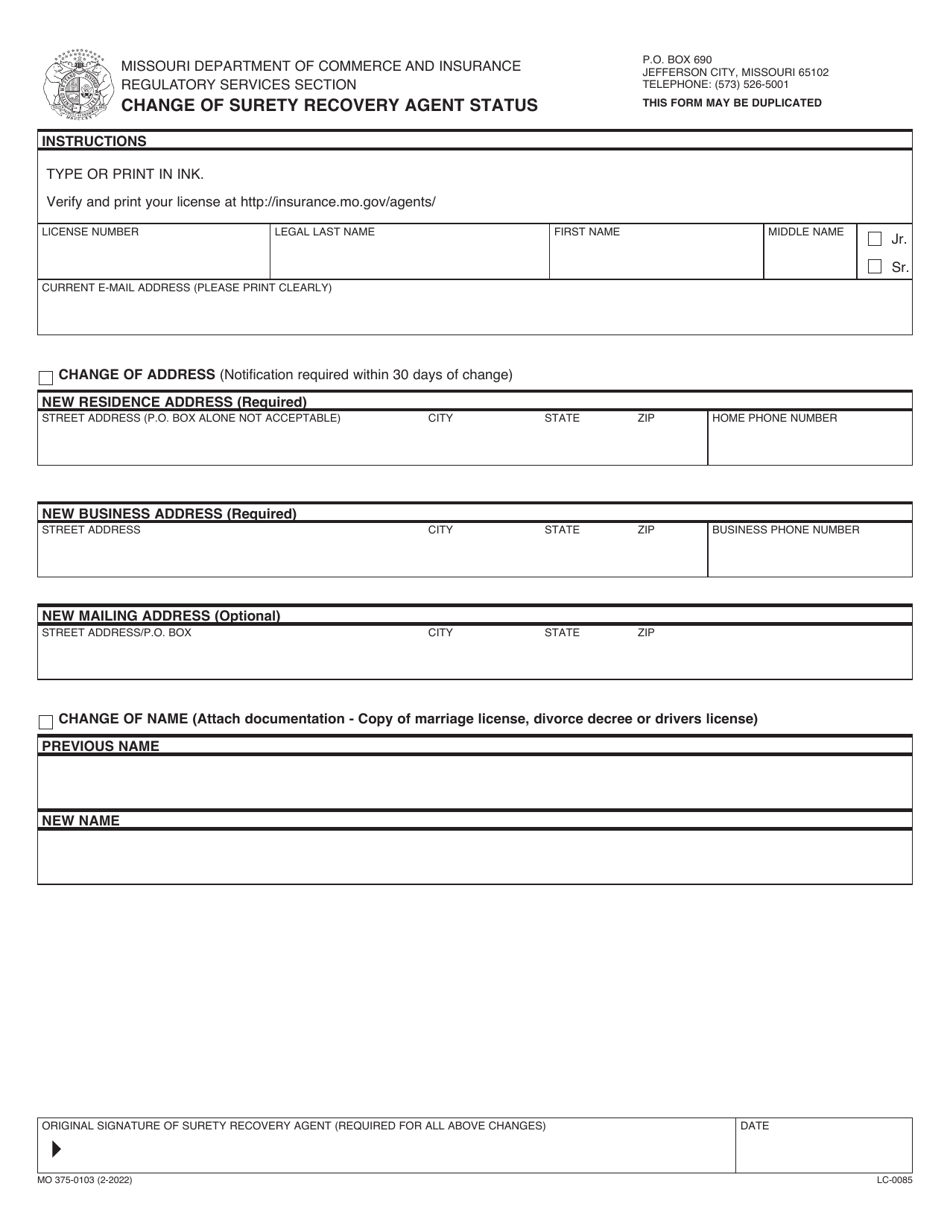 Form MO375-0103 Change of Surety Recovery Agent Status - Missouri, Page 1
