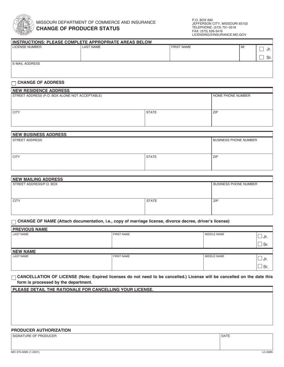Form MO375-0085 Change of Producer Status - Missouri, Page 1