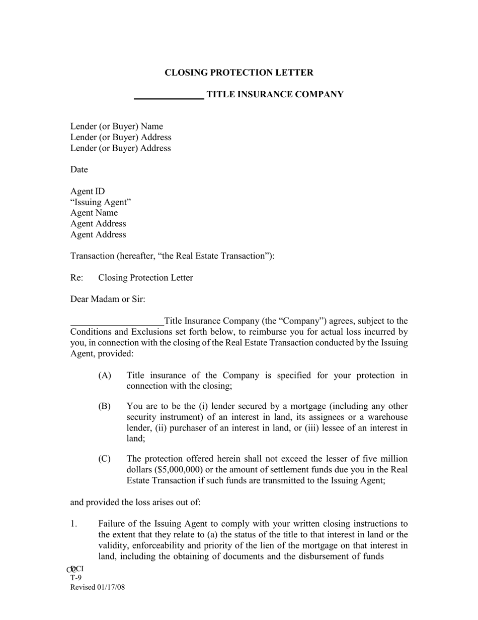 Form T-9 Lenders Closing Protection Letter - Missouri, Page 1