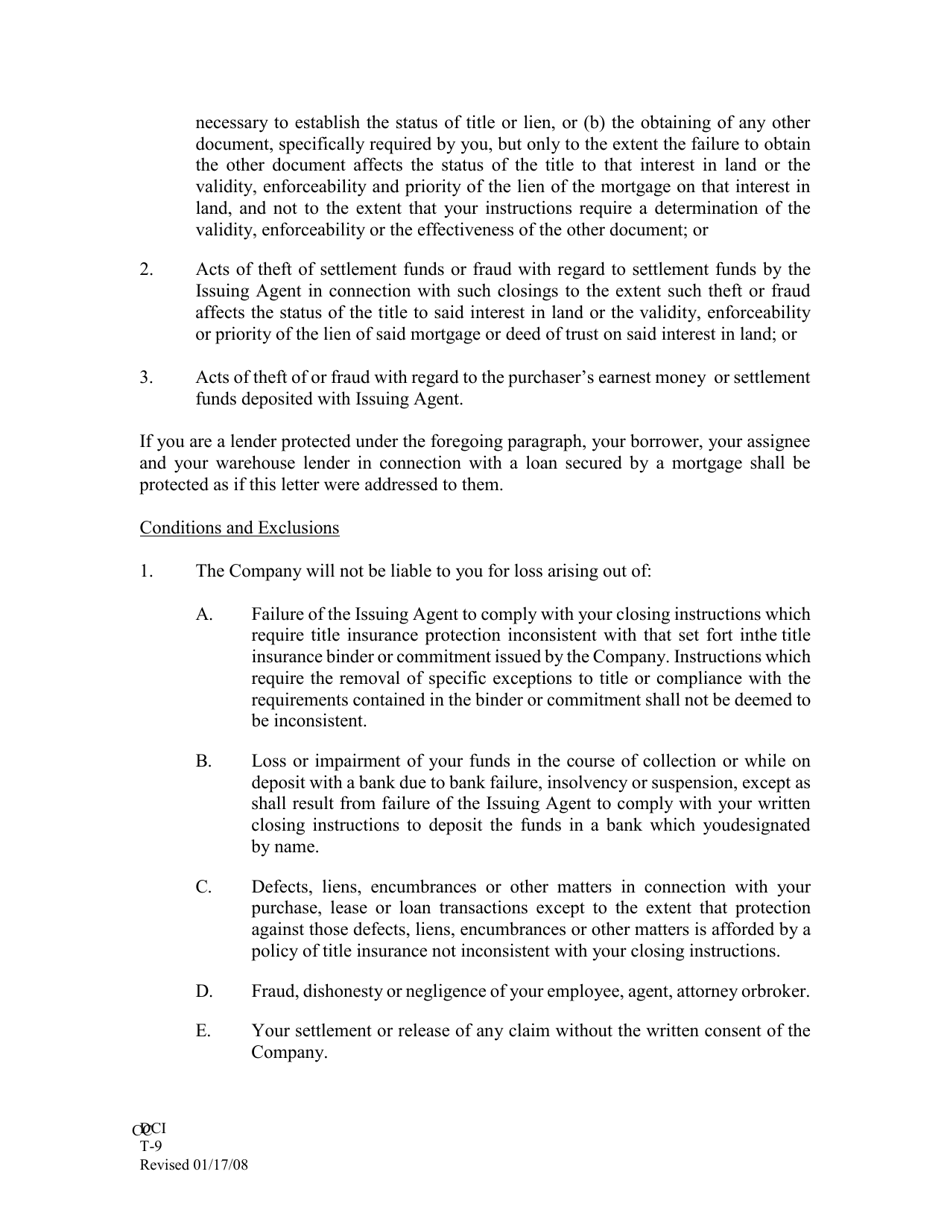 Form T-9 Lenders Closing Protection Letter - Missouri, Page 2