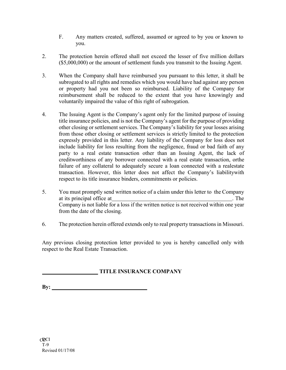 Form T-9 Lenders Closing Protection Letter - Missouri, Page 3