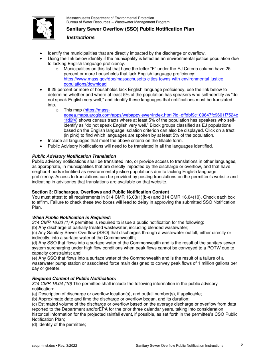 Instructions for Sanitary Sewer Overflow (Sso) Public Notification Plan - Massachusetts, Page 2