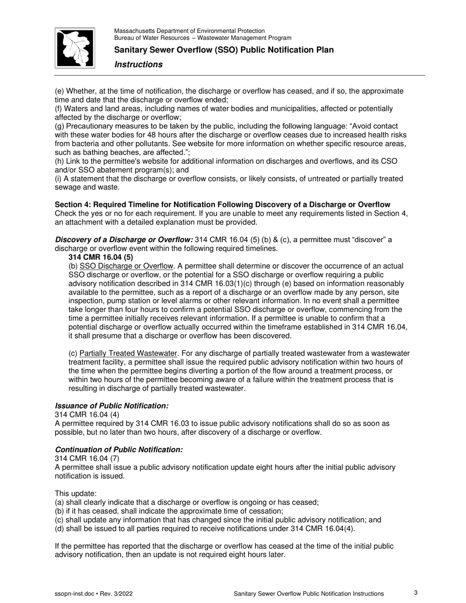 Instructions for Sanitary Sewer Overflow (Sso) Public Notification Plan - Massachusetts, Page 3