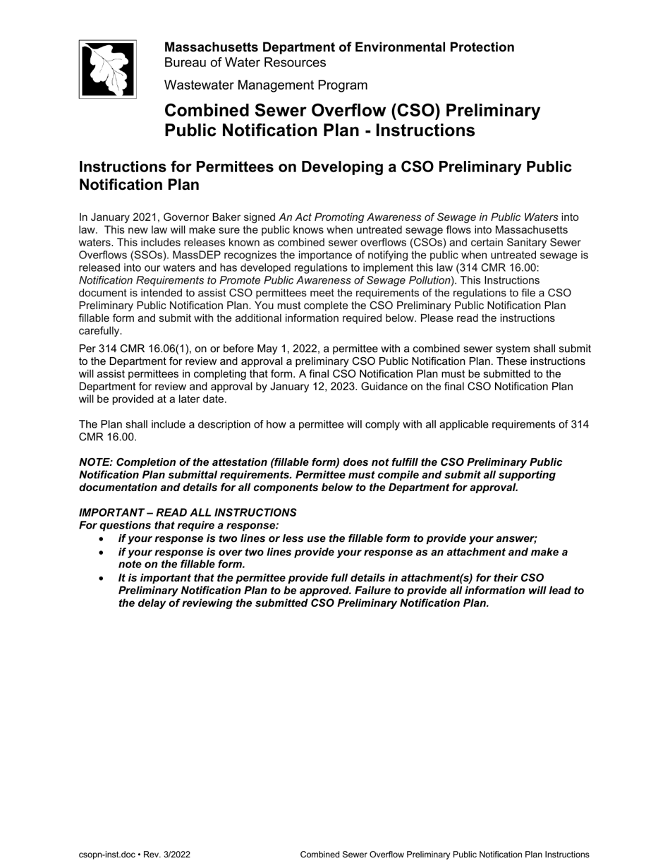 Instructions for Combined Sewer Overflow Preliminary Public Notification Plan - Massachusetts, Page 1