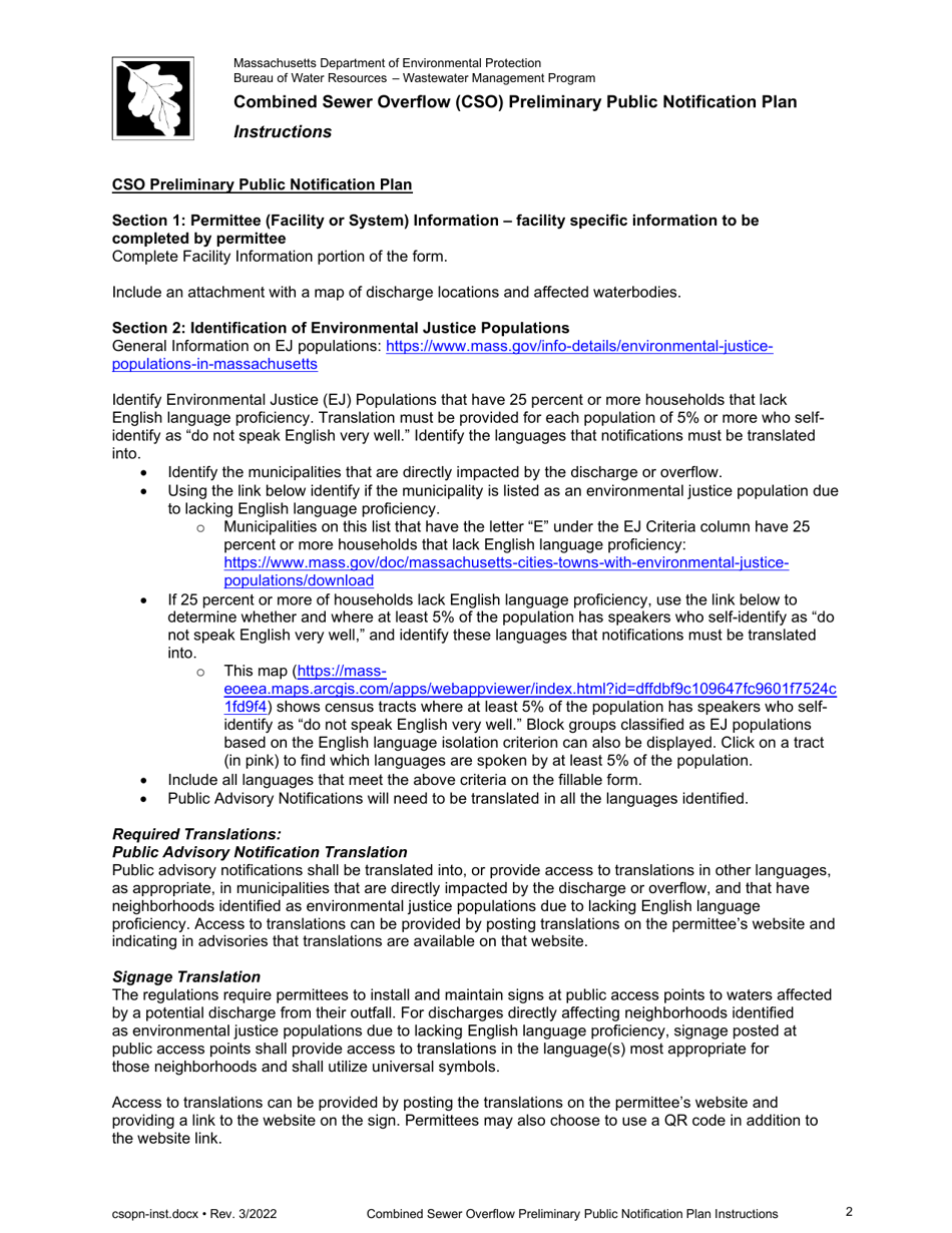 Instructions for Combined Sewer Overflow Preliminary Public Notification Plan - Massachusetts, Page 2