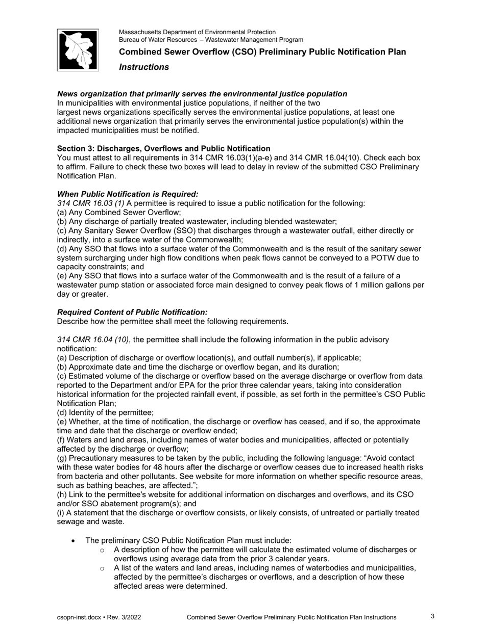 Instructions for Combined Sewer Overflow Preliminary Public Notification Plan - Massachusetts, Page 3