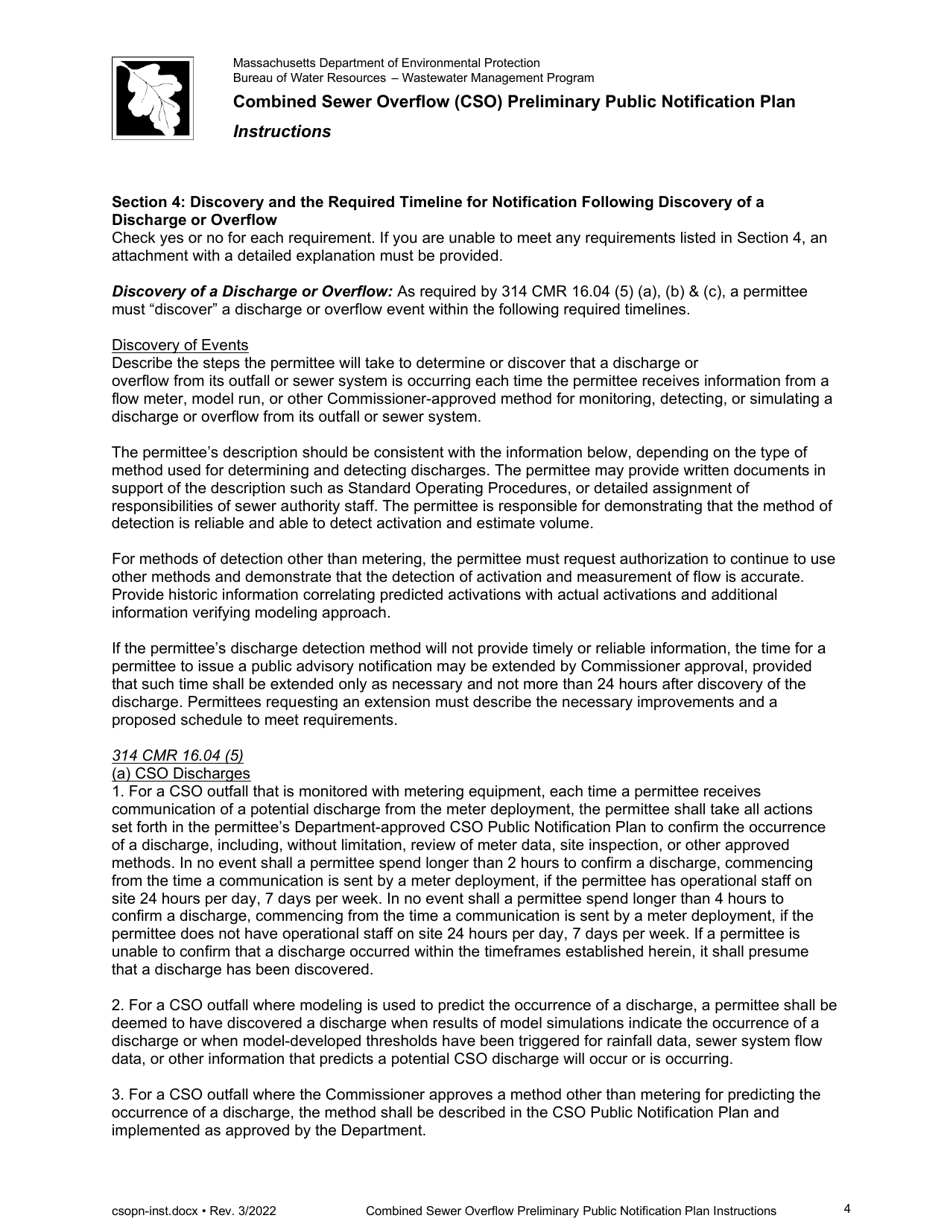 Instructions for Combined Sewer Overflow Preliminary Public Notification Plan - Massachusetts, Page 4