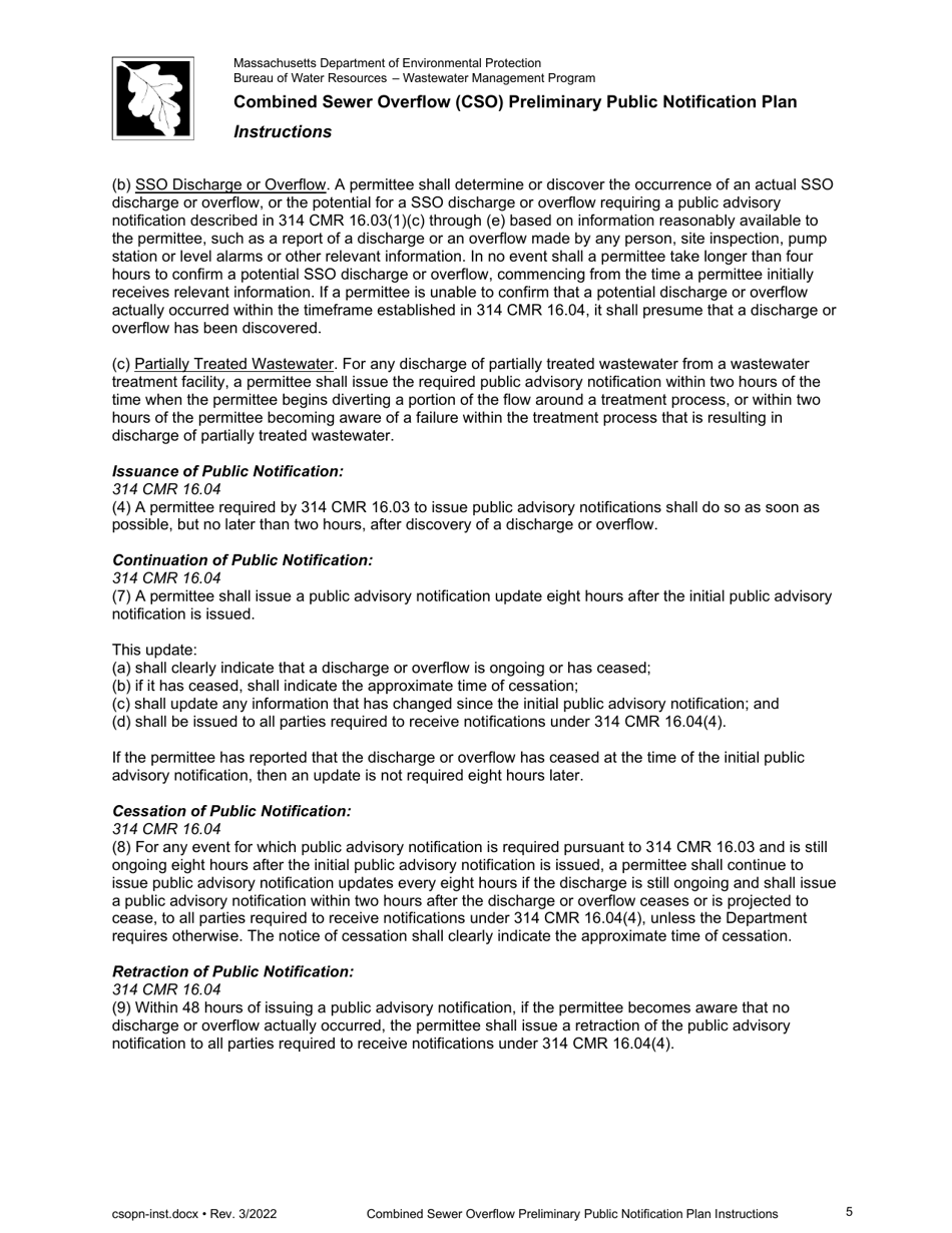 Instructions for Combined Sewer Overflow Preliminary Public Notification Plan - Massachusetts, Page 5