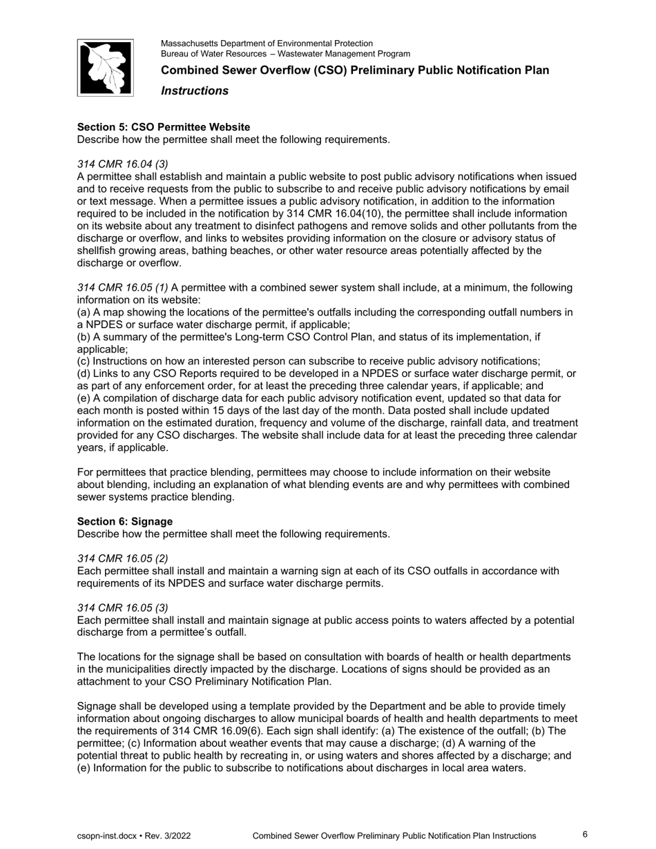 Instructions for Combined Sewer Overflow Preliminary Public Notification Plan - Massachusetts, Page 6