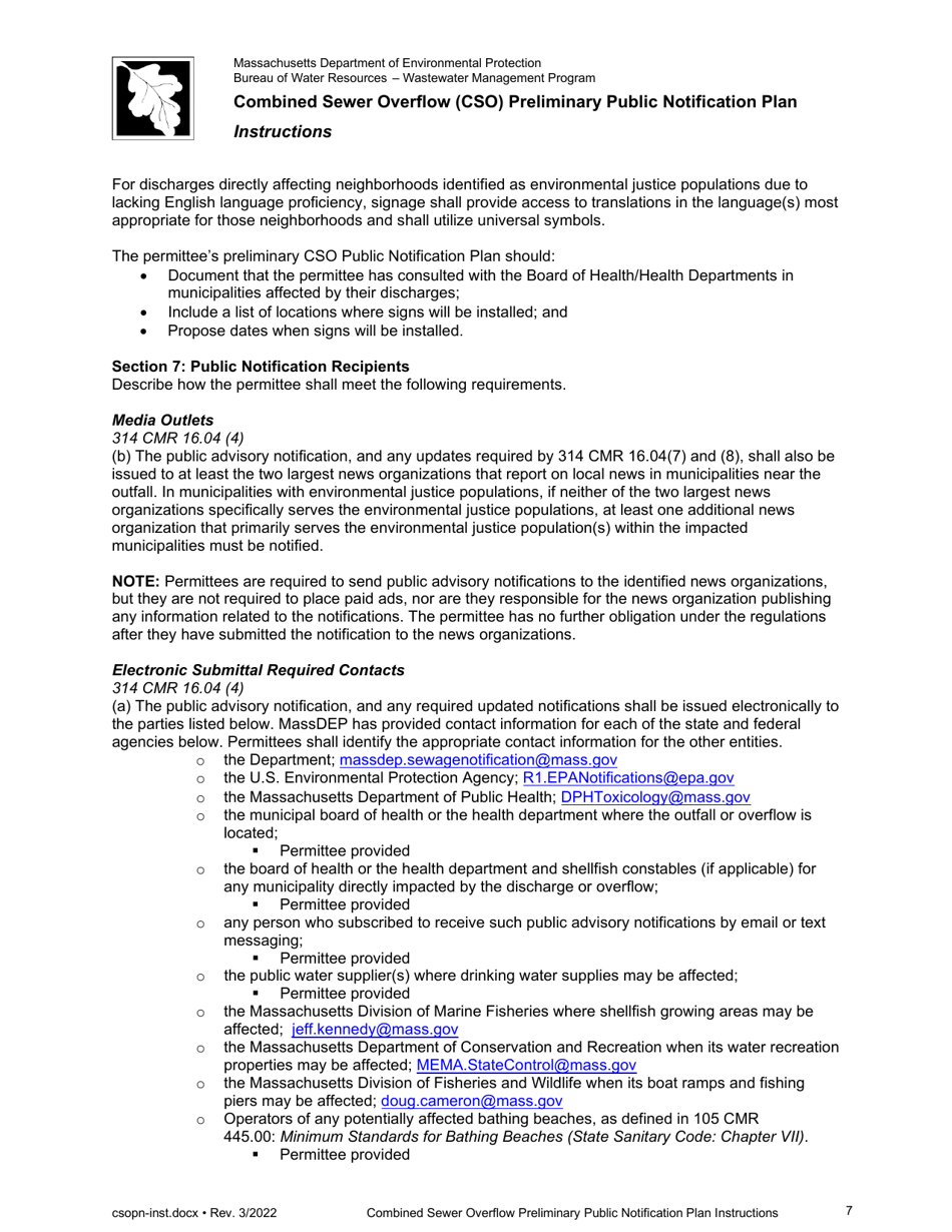 Instructions for Combined Sewer Overflow Preliminary Public Notification Plan - Massachusetts, Page 7