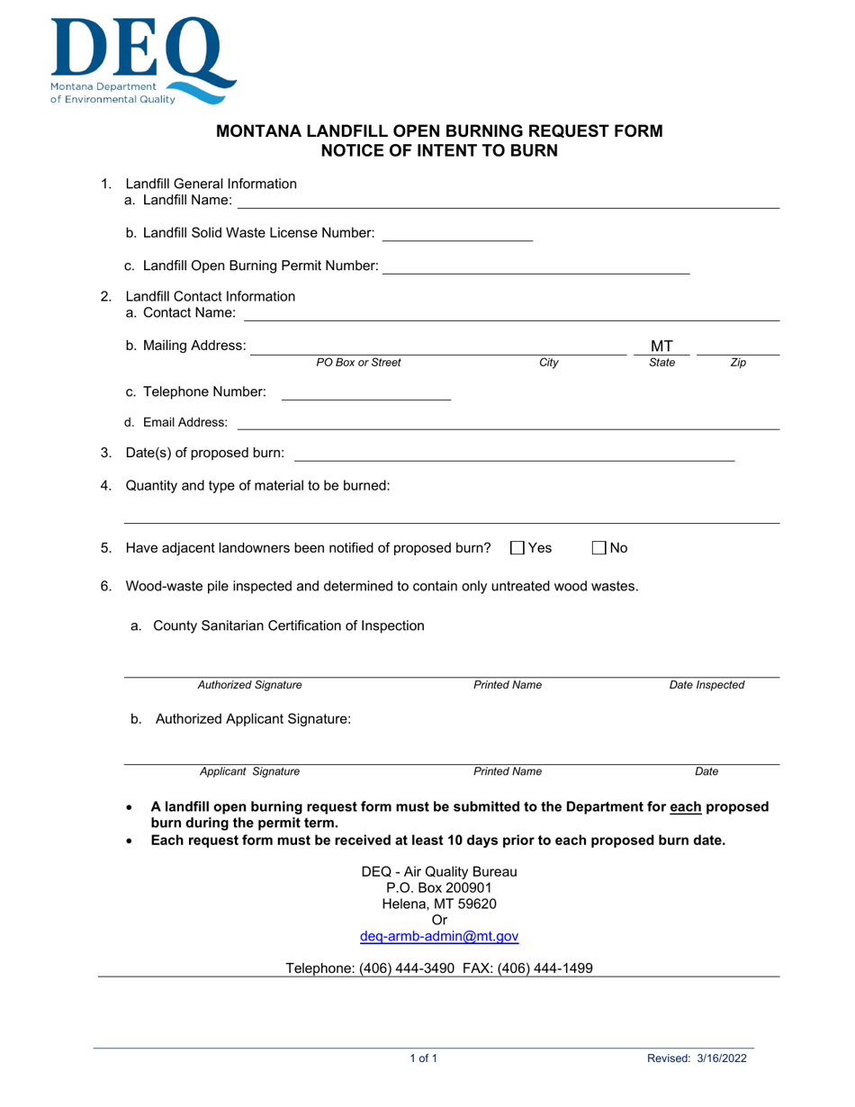 Montana Landfill Open Burning Permit Application - Montana, Page 3