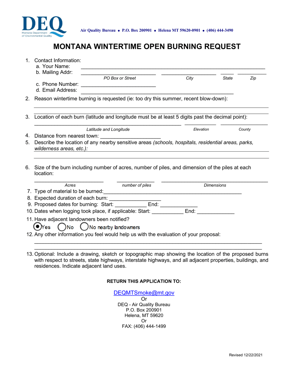 Montana Wintertime Open Burning Request - Montana, Page 1
