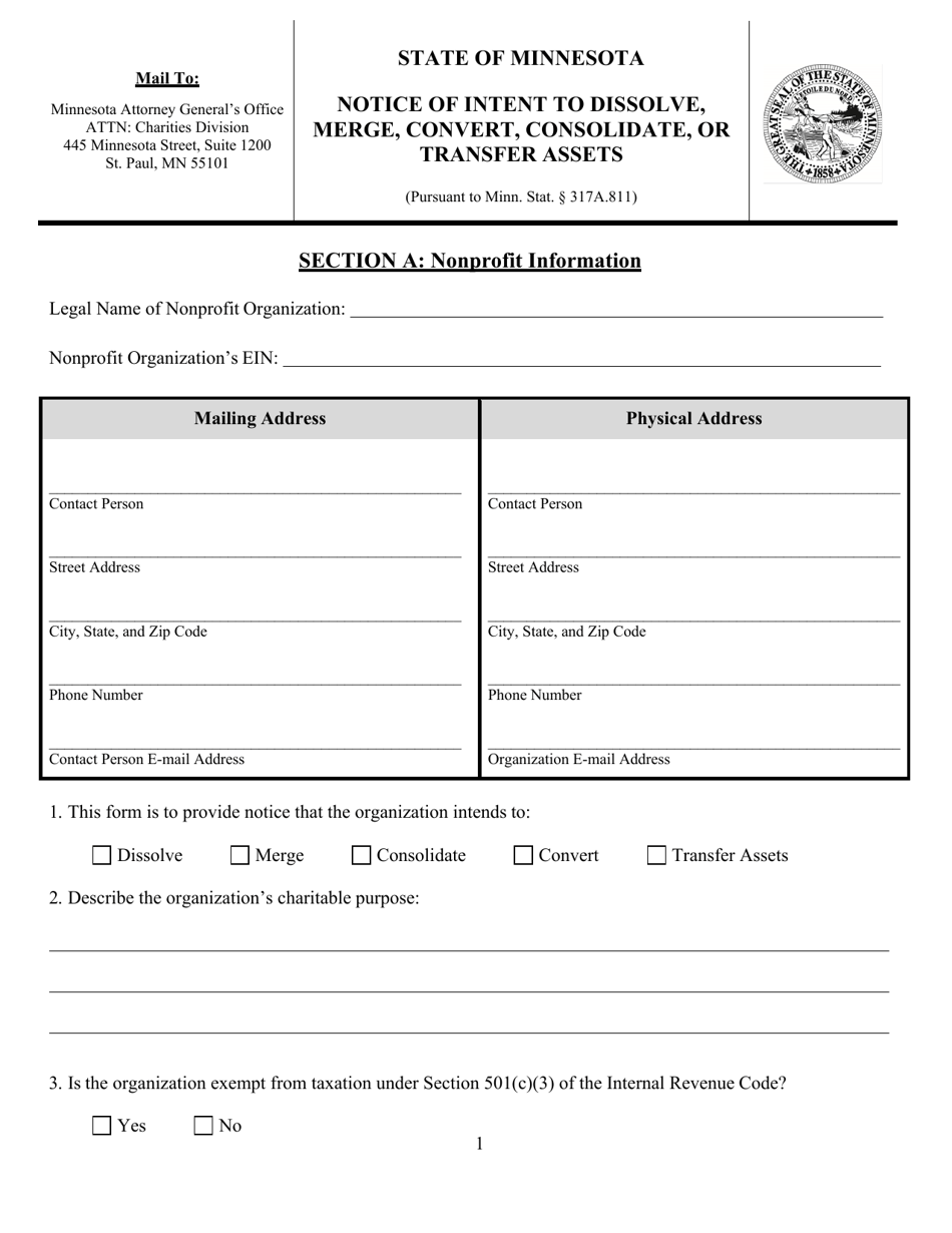 Notice of Intent to Dissolve, Merge, Convert, Consolidate, or Transfer Assets - Minnesota, Page 1