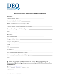 Document preview: Intent to Transfer Ownership - Air Quality Bureau - Montana