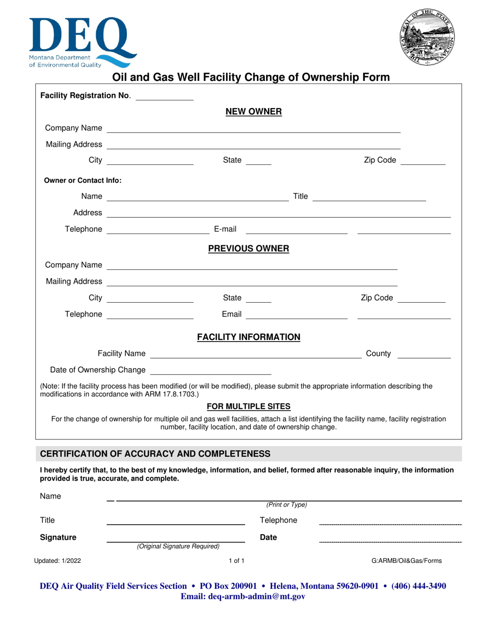Oil and Gas Well Facility Change of Ownership Form - Montana, Page 1