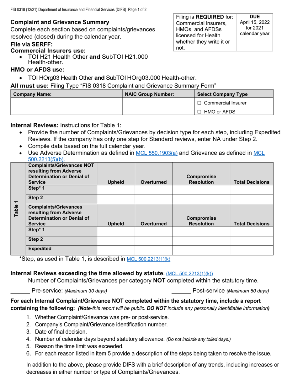Form FIS0318 Complaint and Grievance Summary - Michigan, Page 1