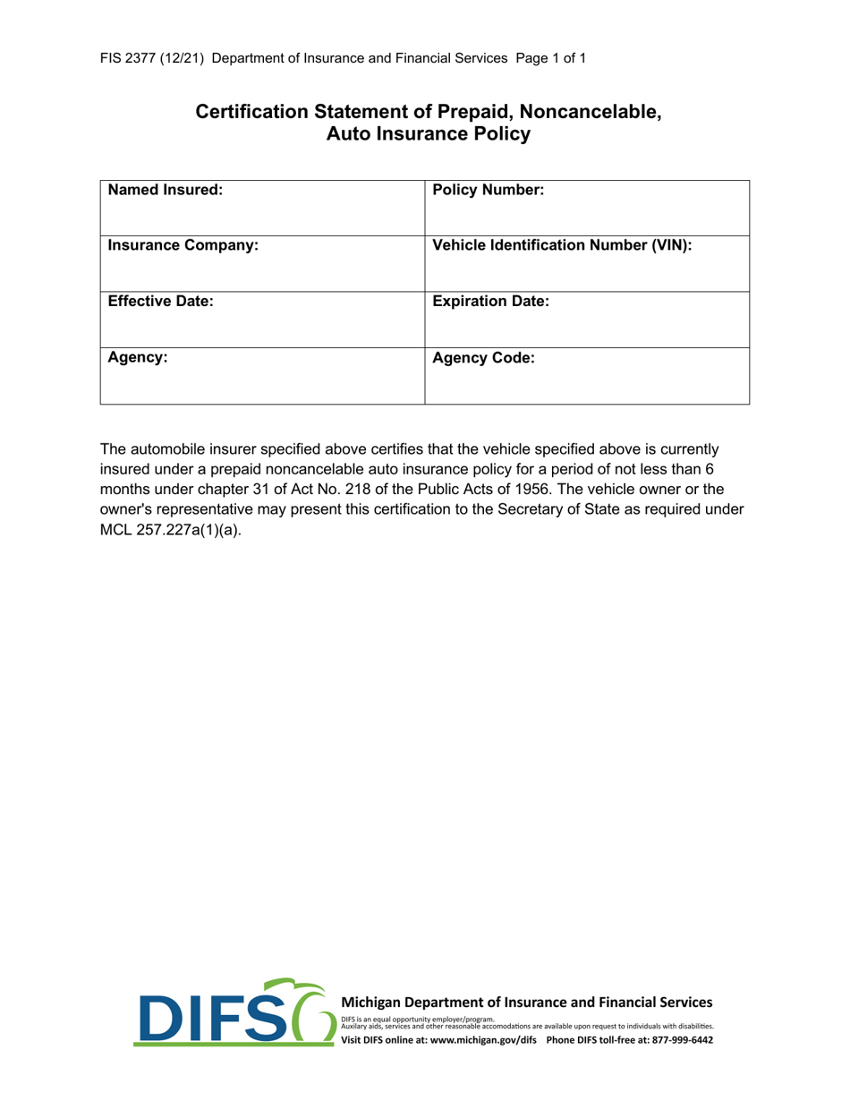 Form FIS2377 Certification Statement of Prepaid, Noncancelable, Auto Insurance Policy - Michigan, Page 1