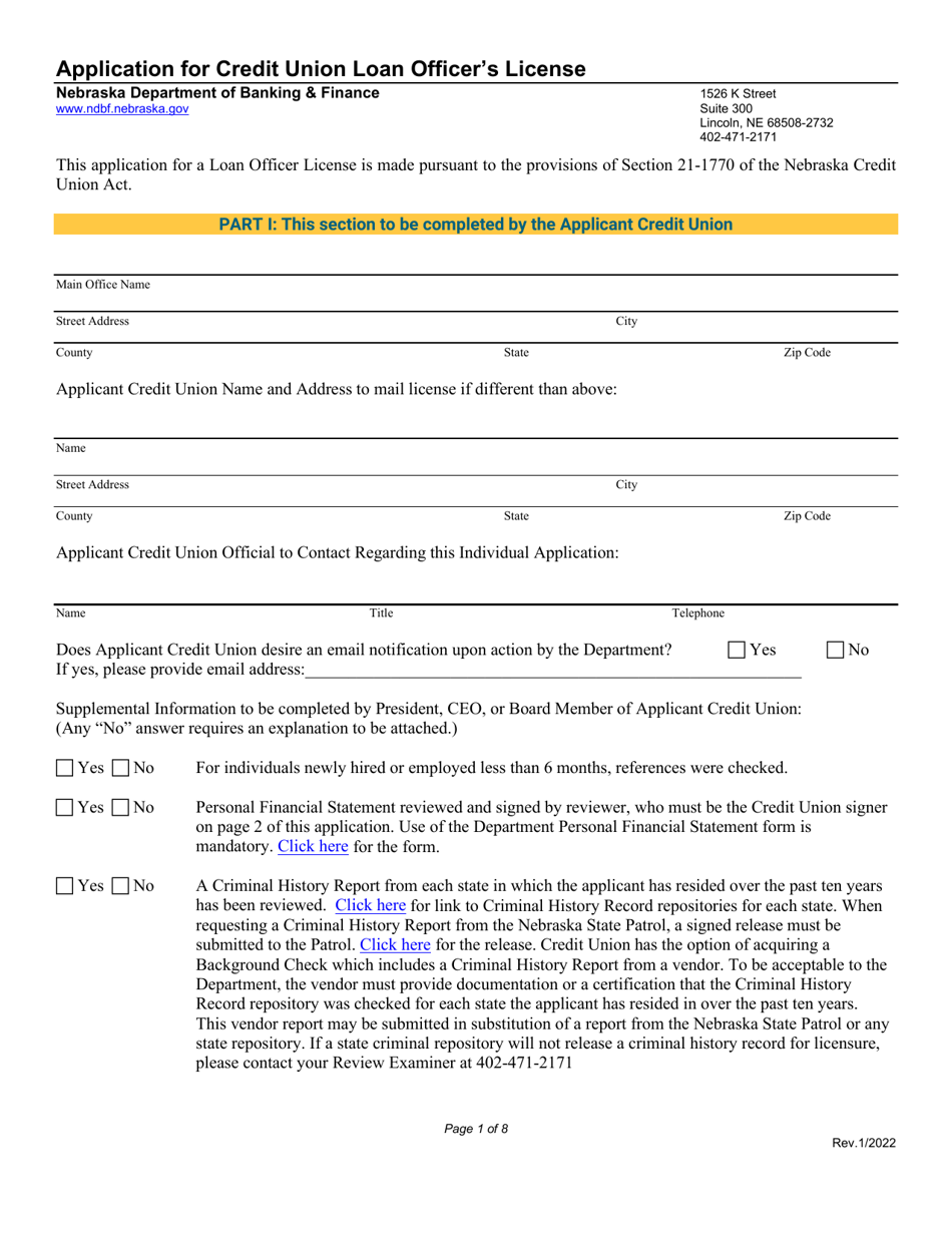 Application for Credit Union Loan Officers License - Nebraska, Page 1