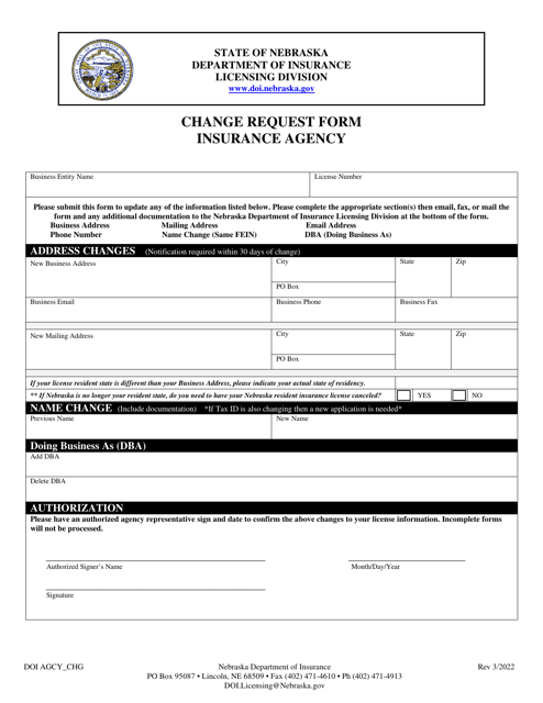 Form DOI AGCY_CHG Change Request Form - Insurance Agency - Nebraska