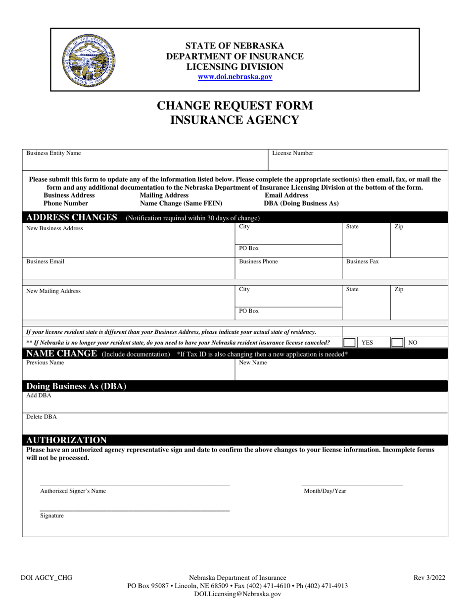 Form DOI AGCY_CHG Change Request Form - Insurance Agency - Nebraska, Page 1