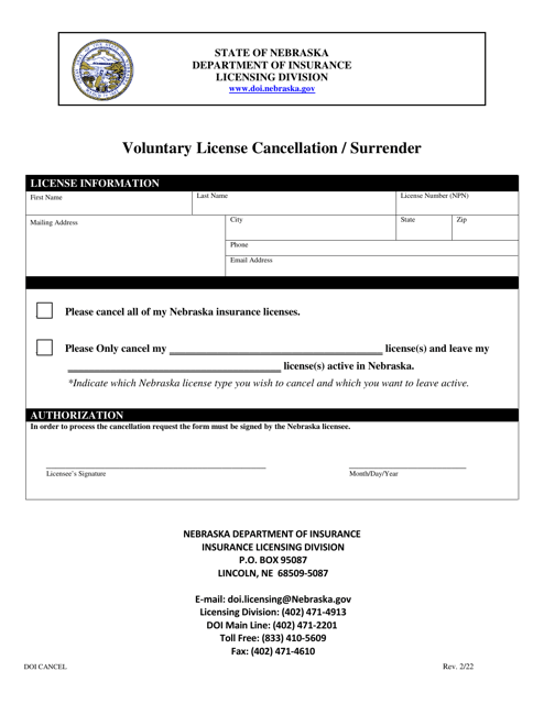 Voluntary License Cancellation / Surrender - Nebraska Download Pdf