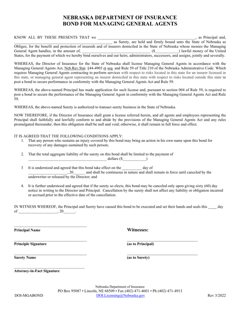 Form DOI-MGABOND Bond for Managing General Agents - Nebraska