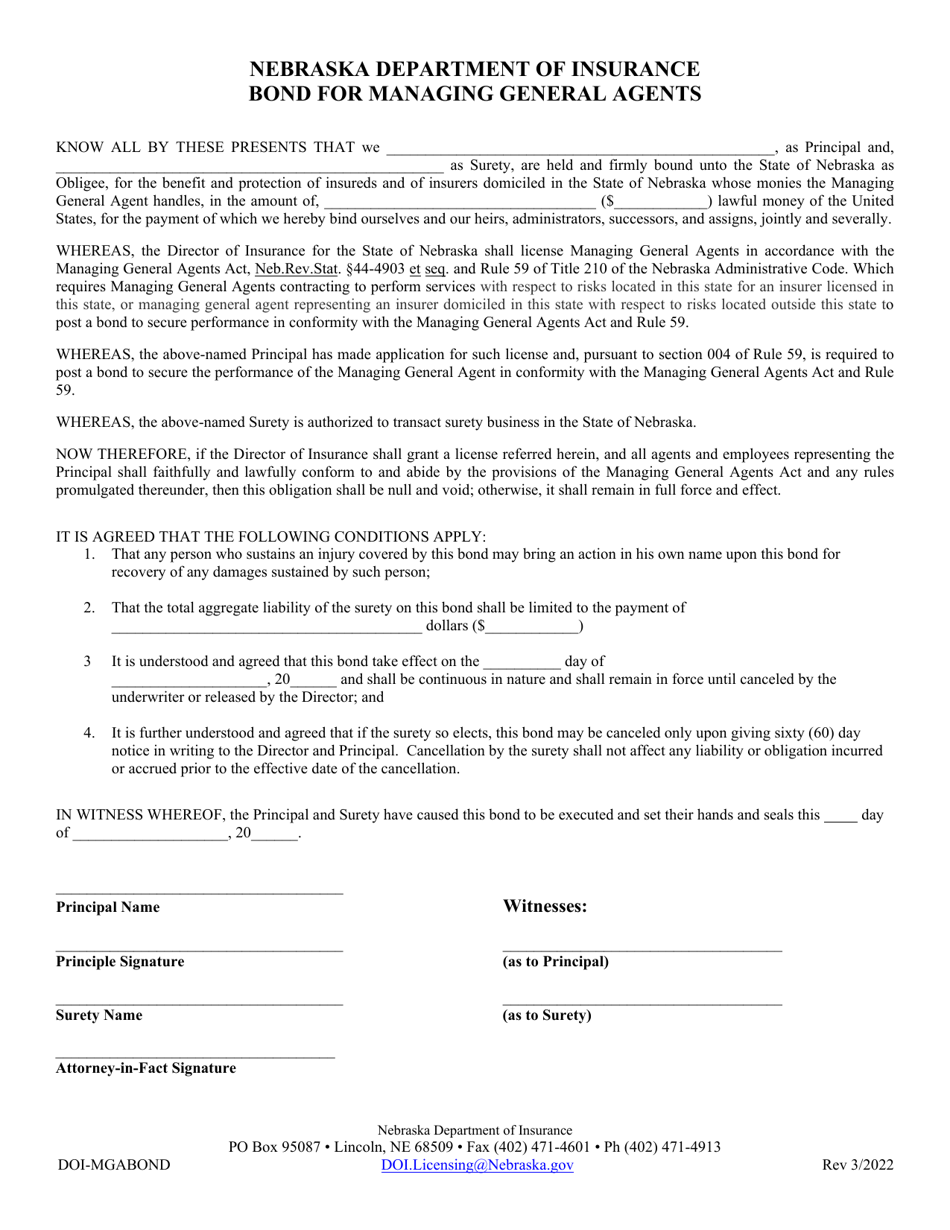 Form DOI-MGABOND Bond for Managing General Agents - Nebraska, Page 1