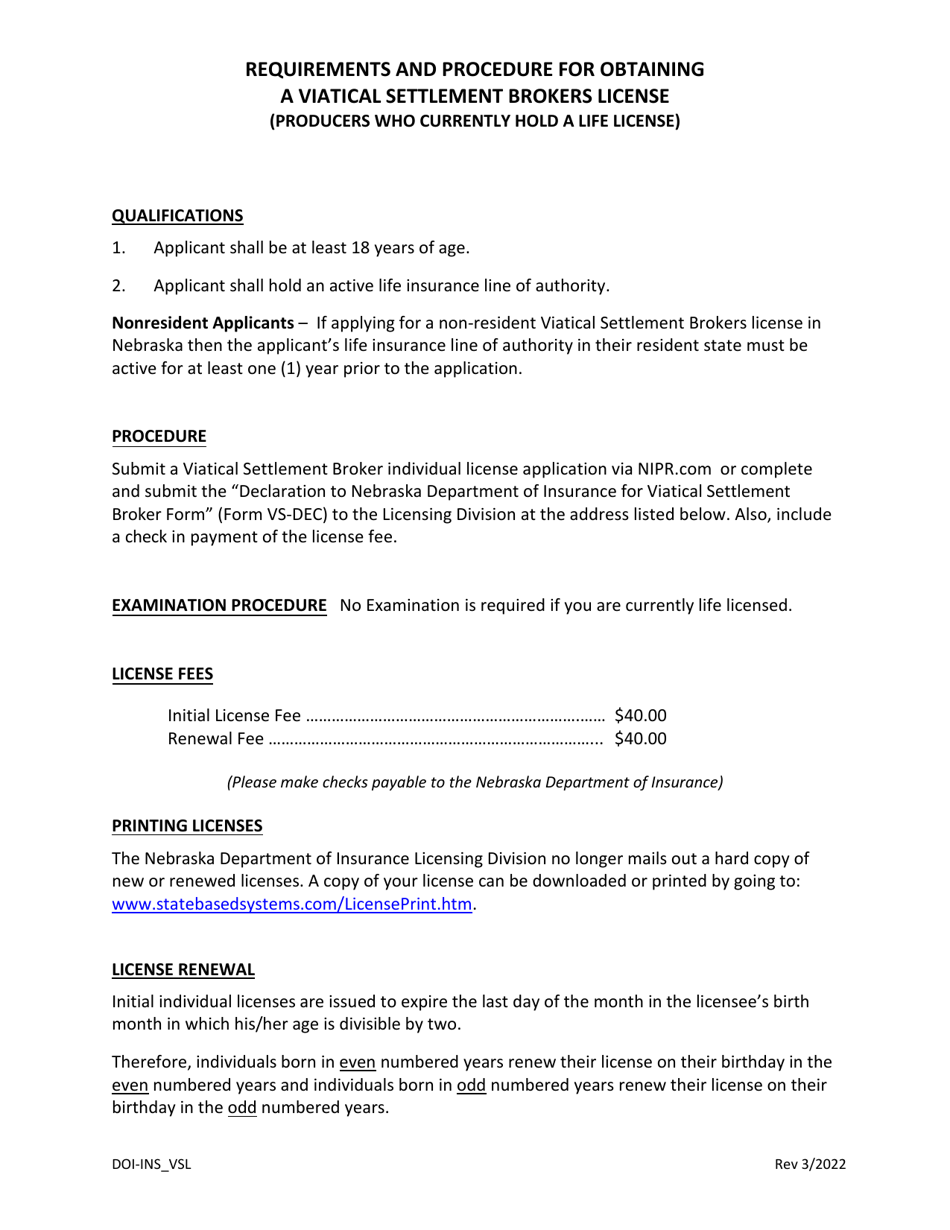 Form VS-DEC Declaration to Nebraska Department of Insurance for Viatical Settlement Broker (For Producers Who Currently Hold an Active Life License) - Nebraska, Page 1