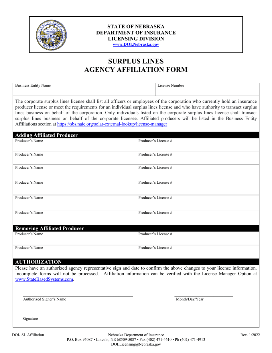 Surplus Lines Agency Affiliation Form - Nebraska, Page 1