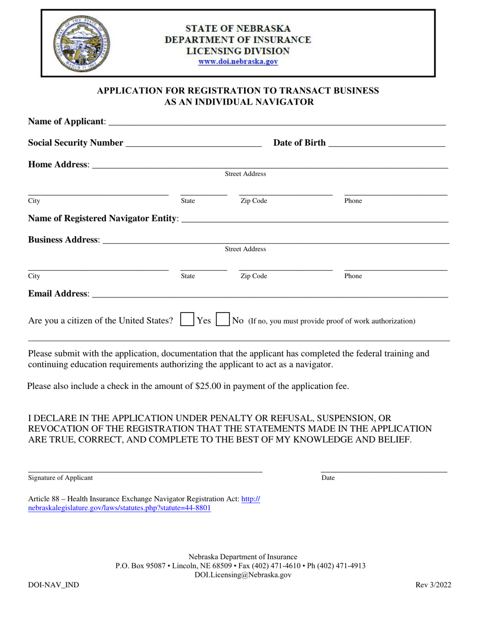 Form DOI-NAV_IND Application for Registration to Transact Business as an Individual Navigator - Nebraska, Page 1