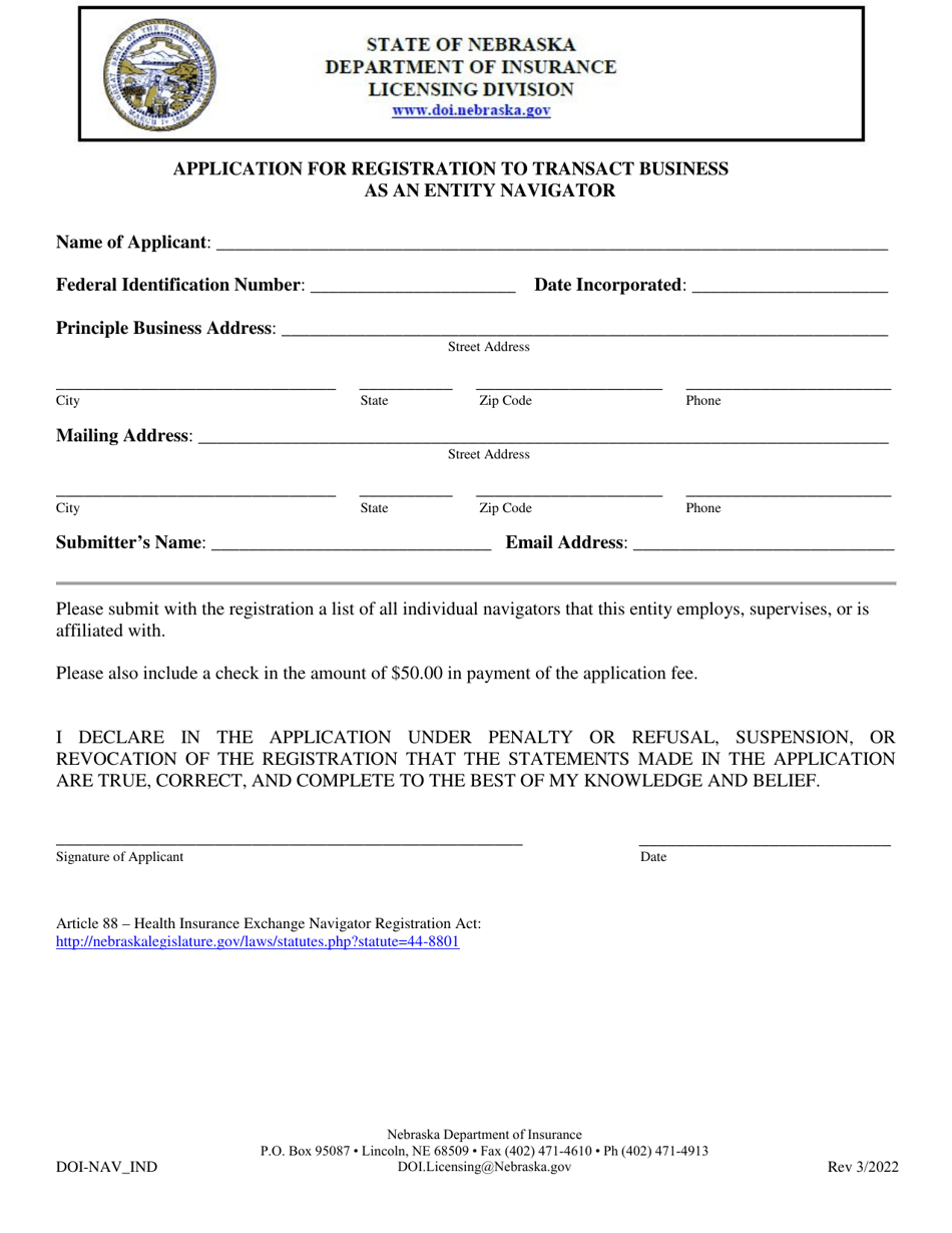 Form DOI-NAV_IND Application for Registration to Transact Business as an Entity Navigator - Nebraska, Page 1