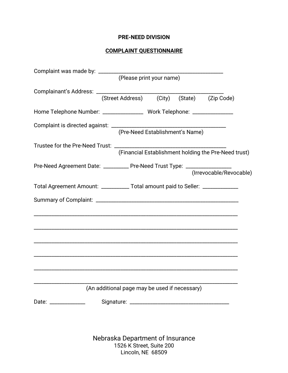 Pre-need Complaint Questionnaire - Nebraska, Page 1